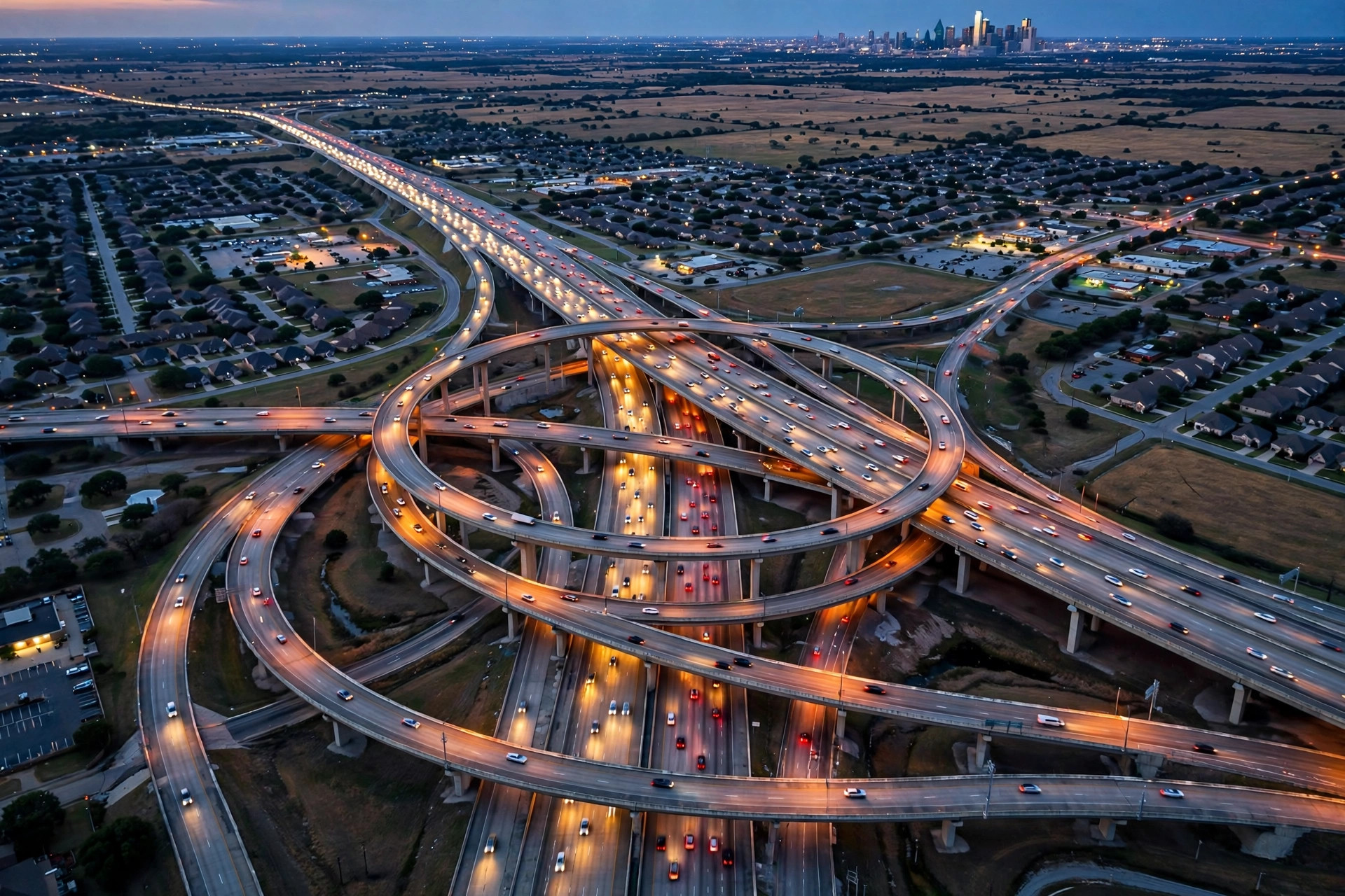 Aerial view of a Dallas–Fort Worth highway interchange